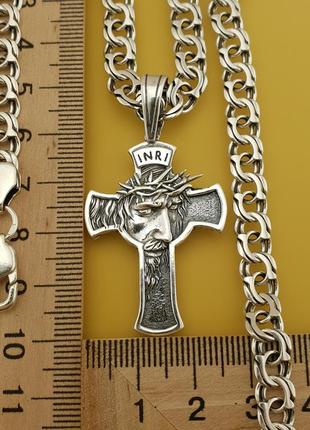 Мужская серебряная цепочка с крестиком лик иисуса. цепь бисмарк и освященный кулон крестик. длина 55 см5 фото