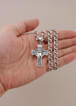 Мужская серебряная цепочка с крестиком лик иисуса. цепь бисмарк и освященный кулон крестик. длина 55 см3 фото