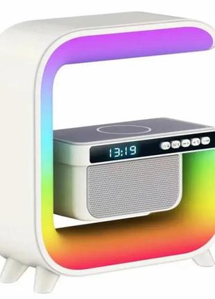 Ночник аккумуляторный rgb g3 с беспроводной зарядкой 15w и bluetooth колонкой 3w настольная смарт лампа белая