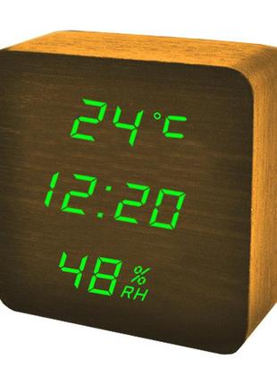 Часы сетевые vst-872s-4 зеленые, (корпус коричневый) температура, влажность, usb