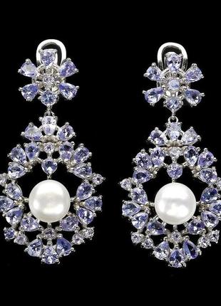 Срібні сережки з танзанітом і перлами (тз399)