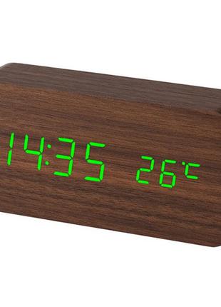 Часы сетевые vst-862-4 зеленые, (корпус коричневый) температура, usb