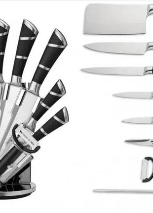 Набір кухонних ножів з нержавіючої сталі rainberg rb-8804 на акриловій підставці, що крутиться 9 предметів2 фото