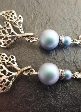 Дизайнерські сережки з перлами swarovski в сріблі "небесне мереживо"💙5 фото