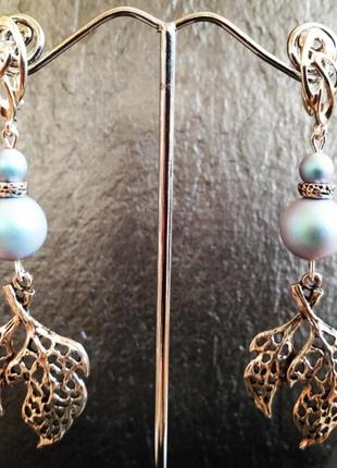 Дизайнерські сережки з перлами swarovski в сріблі "небесне мереживо"💙2 фото
