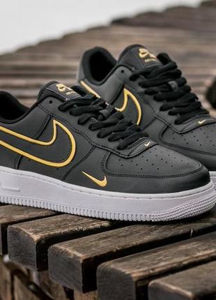 Мужские кожаные кроссовки nike air force 1 '07 lv8 black\gold  #найк