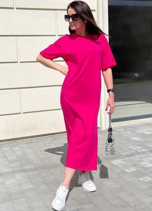 Женское платье миди платье-футболка черное белое малиновое коричневое базовое с разрезом натуральный хлопок