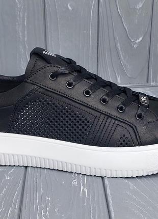 Натуральная кожа!!! летние мужские черные кроссовки / кеды на белой подошве в стиле...