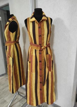Сарафан дизайнерское платьеana alcazar munich с добавлением льна в полоску платье льняное