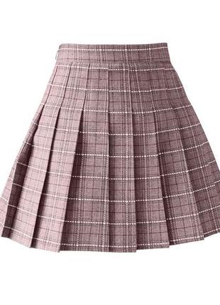 Розовая юбка шорты в клетку высокая 6605 клетчатая юбка мини теннисная расклешенная3 фото