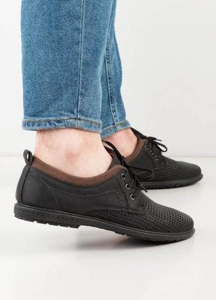 Стильные черные мужские туфли с перфорацией летние дышащие5 фото