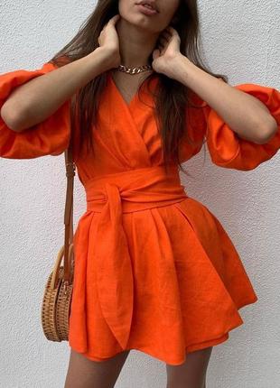 Платье на запах из льна оранжевое