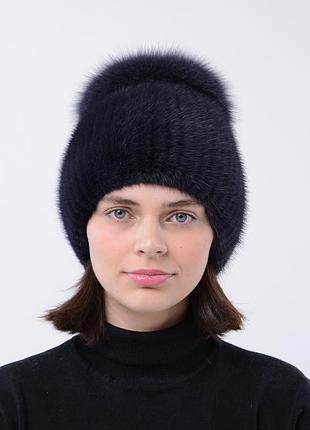 Жіноча трикотажна норкова шапка з бубоном