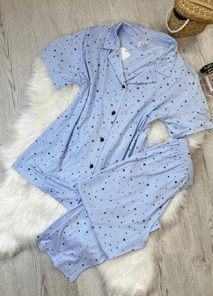Голубая натуральная вискозная пижама/домашний костюм рубашка с коротким рукавом и...2 фото