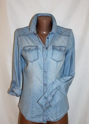 Літня сорочка на кнопках тонкий джинс-котон блакитний рукав регулювання only 34-36р1 фото