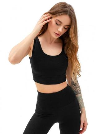 Топ женский в рубчик трикотажный укороченный, черный, майка женская, кежуал спортивный повседневный