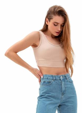 Топ женский в рубчик трикотажный укороченный бежевый, майка женская, кежуал спортивный повседневный