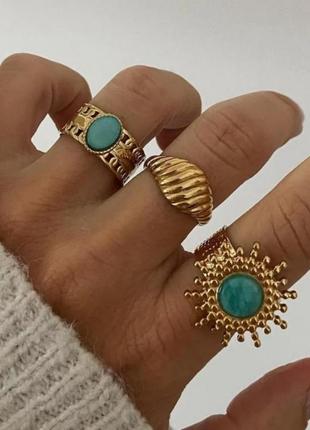Набор колец стильные модные трендовые золотистие винтажние ретро колечка кольца в стиле бохо голубой камень