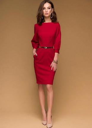 Модне гарне з кишенями плаття по коліно рукав три чверті синє червоне офісне жіноче міді 2пт117