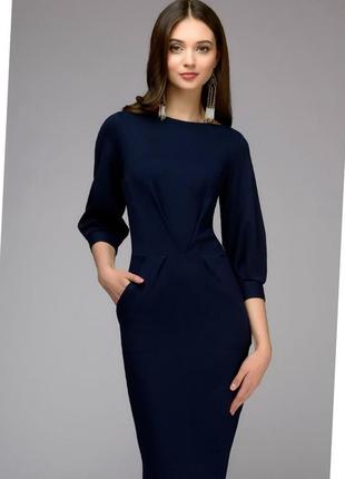 Модное красивое с карманами платье по колено рукав три четверти синее красное офисное женское меди 2пт1175 фото