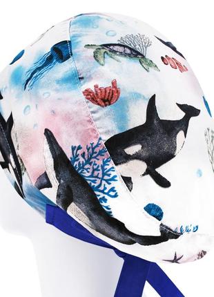 Медична шапочка шапка жіноча тканинна бавовняна багаторазова принт підводний світ косатка кит2 фото