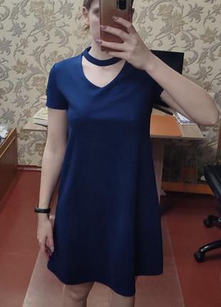 Платье синяя кэжуал с красивым чокером