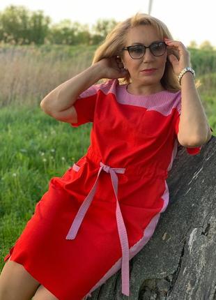 Актуальное красное летнее льняное платье больших размеров