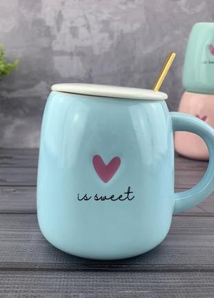 Керамическая чашка с крышкой и ложкой deep heart голубая