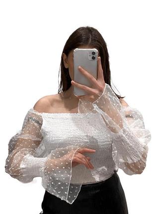 Блуза жатка с прозрачными рукавами в горошек
