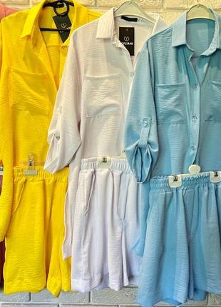 Женский летний легкий костюм шорты + рубашка цвет пудра8 фото