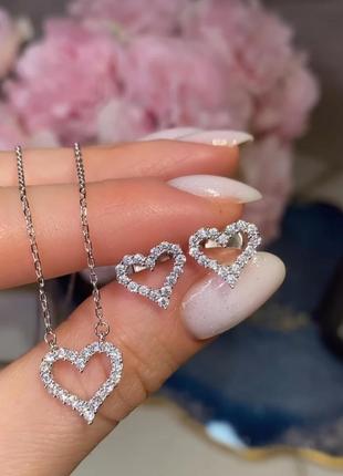 Серебряный набор комплект украшений женский серебряные серьги с сердечками серебряная женская цепочка с кулоном подвеска сердечко сердечки подарок3 фото