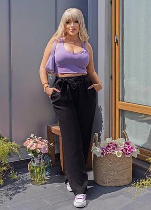Брюки женские большие размеры свободного силуета талия на резинке с поясом высокая посадка боковые карманы ткань лен качество