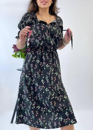 Платье миди трапеция талия на резинке вырез круглый на завязке спереди ,рукав короткий фонарик на резинке с воланом ткань шелковый софт принт