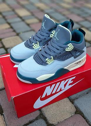 Женские кожаные кроссовки nike air jordan 4 высокие серые с зеленым кроссовки найк аэр...