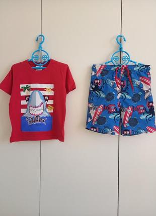 Костюм летний для мальчика 3-4 года 98-104 : пляжные шорты плавки футболка