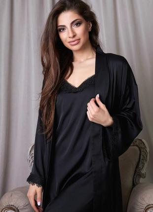 Домашний комплект женский шелковый, шелковый халат и ночнушка черного цвета2 фото