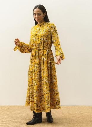 Платье женское длинное свободное штапельное горчичное в цветочек5 фото