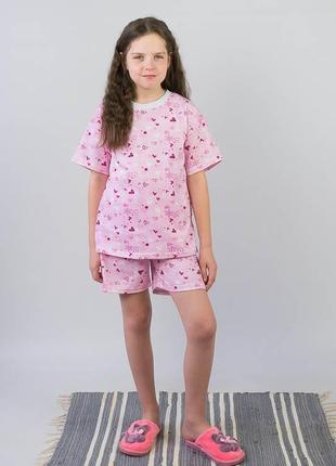 Легка літня піжама для дівчинки, рожева піжама футболка і шорти, пижама для девочки