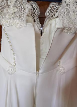 Свадебное шифоновое платье айвори а-силуэта с кружевом розшитое бисером9 фото