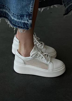 Кеды кроссовки натуральная кожа на высокой подошве трендовые мокасины слипоны сквозная сетка перфорация