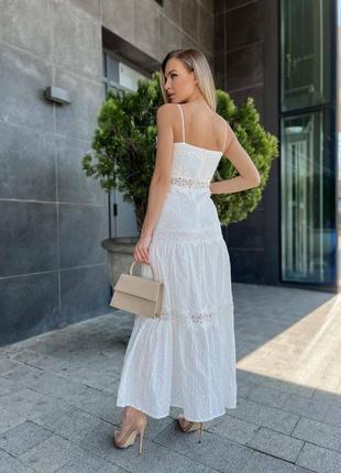 Платье миди длинное белое летнее легкое на бретелях пляжное прошва качественное платье с кружевом молочная, универсальная базовая стильная трендовая2 фото