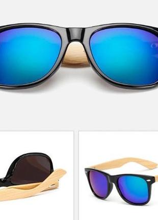 Солнцезащитные вайфареры с деревянными дужками чёрные очки с синим зеркалом с дефектом1 фото