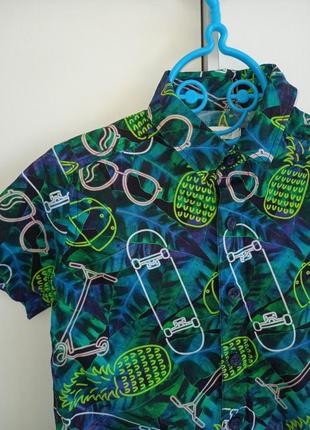 Красивая модная нарядная летняя рубашка с коротким рукавом со скейтами bluezoo для мальчика 4 года3 фото