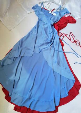Шикарне плаття на запах з відкритими плечима воланами з подовженою спинкою різні кольори штучний шов1 фото
