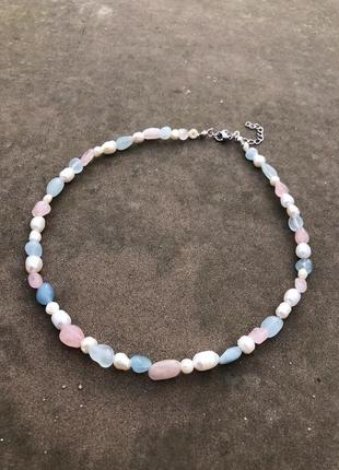 Кольє з перлин та аквамарину, намисто із каміння та перлинок, чокер з перлами