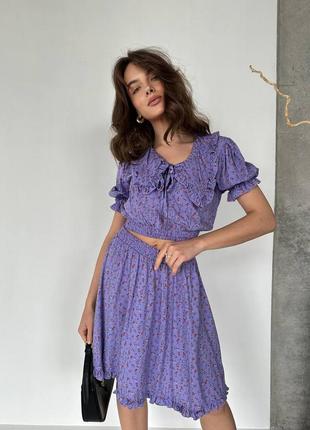 Натуральный женский костюм юбка топ цветочный принт фиолетовый сиреневый свободный на лето летней на весну цветочный принт цветы8 фото