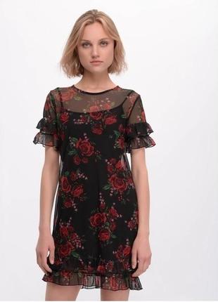 Невероятное короткое черное платье h&m с рюшами/платье сетка в розы