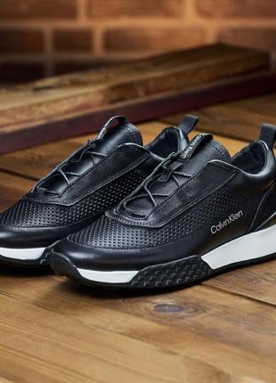 Якісні чоловічі кросівки з натуральної шкіри model-м161 перфорація,чорні