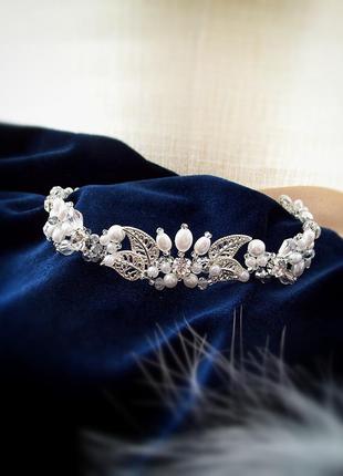 Беатріс авторська оздоба на чоло гілочка діадема обідок перли білий листя вінтаж косплей корона обруч вінок ельф перлини білі
