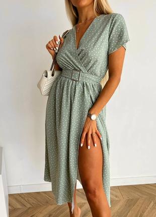 Женское платье миди с поясом красное розовое голубое оливковое зеленое в горошек